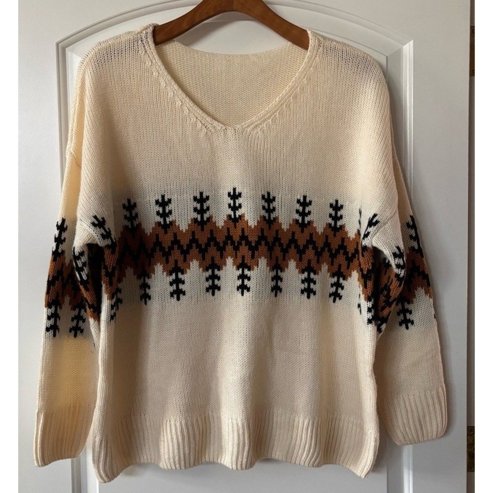Sweater Cream‎ Brown y2k women's 2XL oversized V-neck Vintage chunky grunge boho
